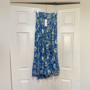 RACHEL ZOE Smocked Elastic Waist Floral Maxi Skirt Button Detail Blue White sz M